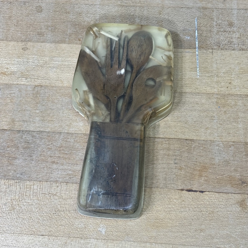 1970s Retro MCM Acrylic Lucite Spoon Rest Embedded Wooden Utensils Kitchen